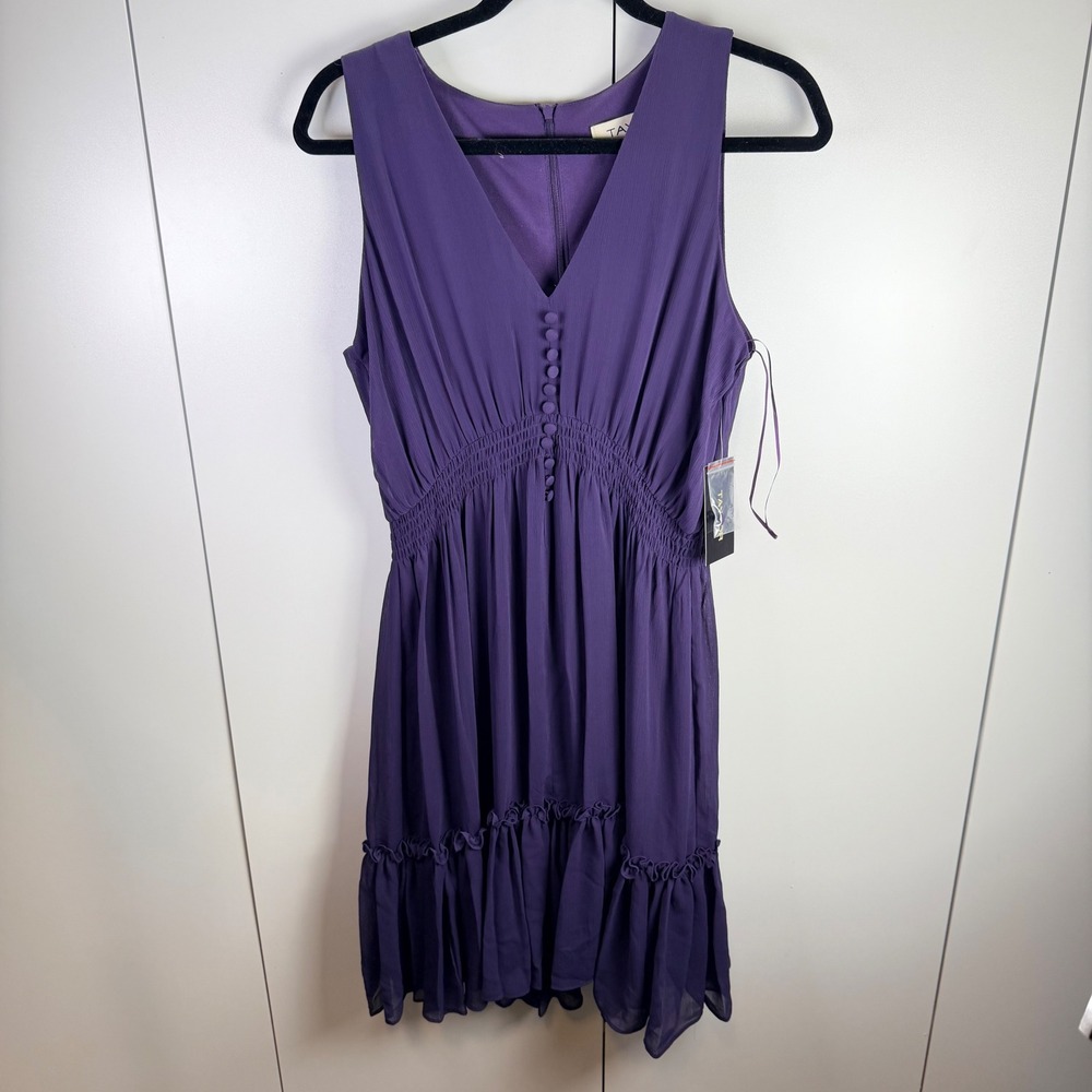 NWT Taylor Women 10 Purple Smocked Button Ruffle‎ Hem Dress Feminine Cottage